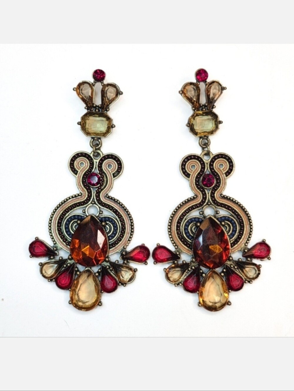 Vintage Filigree Amber & Ruby Jewel Tone Crystal Statement Chandelier Earrings